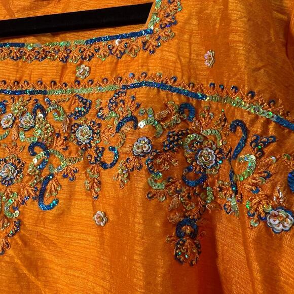 Made in India two piece embellished Top and Pants Beaded Orange Blue Sequins - Picture 11 of 14